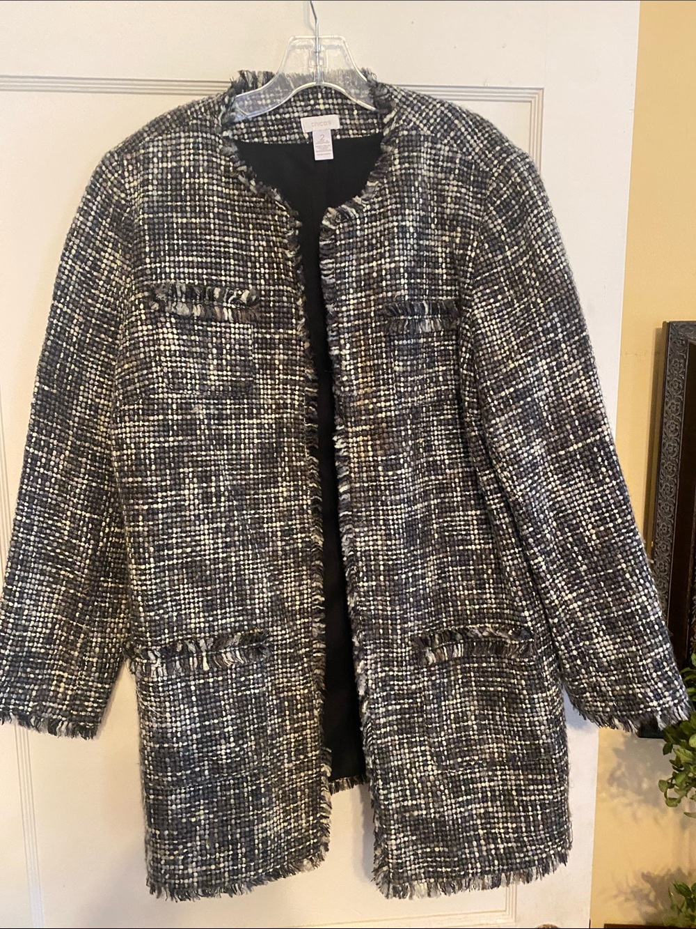 Chico's Black and White Tweed Open-Front Blazer Jacket